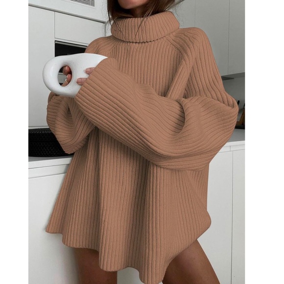 Oversized Chunky Turtleneck Knit Sweater in Brown - Picture 2 of 8
